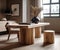 Solid wood dining table and stump stool near it. Interior design of modern living or dining room. Created with generative AI
