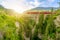 Solis Viaduct of Swiss railway with red train