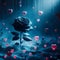 A solitary black rose stands amidst a blue dust in a noir-like environment