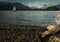 Solitary boat wood destroyed aground in a lonely beach