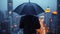 Solitary businessman standing with umbrella amidst cityscape, facing inclement weather, representing concepts of business