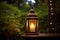 Solitary candle in a lantern creates a warm and inviting glow in a garden setting, perfect for a romantic evening. AI Generated