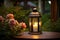 Solitary candle in a lantern creates a warm and inviting glow in a garden setting, perfect for a romantic evening. AI Generated