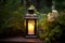 Solitary candle in a lantern creates a warm and inviting glow in a garden setting, perfect for a romantic evening. AI Generated