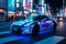 A solitary car parked on the street alongside other vehicles, Glowing sports car in the nightlife of Tokyo, AI Generated