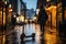 A solitary electric scooter stands on cobblestone streets in the city, with the cobblestones reflecting storefront lights. The