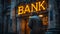 Solitary Figure Approaching Neon-Lit Bank in Evening Ambiance