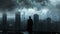 Solitary figure overlooking a stormy dystopian metropolis