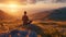 A solitary figure practices yoga in a mountain field at dawn, under the dramatic lighting of the rising sun