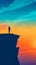 A solitary figure stands atop a cliff with a serene sunset backdrop, evoking contemplation and freedom.