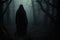 A solitary figure stands in the middle of a dense, eerie forest shrouded in darkness, Hooded figure in the dark forest, AI