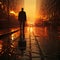 Solitary Figure Walking in a Rainy Sunset Cityscape. AI generation