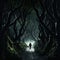 A solitary figure walks through a dark and moody forest. Digital illustration of an enchanted wood at night.