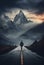 Solitary Journey: Man Walking on Road to Majestic Mountains. Generative ai