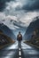 Solitary Journey: Man Walking on Road to Majestic Mountains. Generative ai