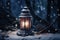 A solitary lantern rests on the pristine white snow, casting a soft glow in the cold winter night, lantern in the snow, AI