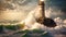 A solitary lighthouse stands in the midst of a vast expanse of open water, An old lighthouse overlooking a stormy sea, AI