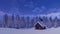 Solitary log cabin high in mountains at winter night