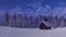 Solitary log hut in mountain at snowy winter night