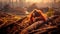 Solitary orangutan sits on a fallen log amidst a barren landscape, Generative AI
