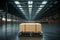 A solitary packing box in an otherwise empty, industrial plant warehouse