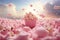 A solitary pink cup of popcorn sitting in the middle of a vast field, Pink popcorn in blurry fairy clouds, AI Generated