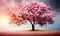 Solitary pink sakura tree in vast field against golden sunset. Created with AI