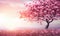 Solitary pink sakura tree in vast field against golden sunset. Created with AI