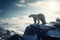 Solitary Polar Bear on Rocky Outcrop in Snowy Arctic Landscape, Winds Creating Movement and Energy