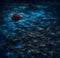 Solitary red lotus adrift in the mystical blue pond waters