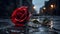 Solitary Red Rose on City Street Floor, Vibrant Petals Symbolizing Solitude and Sentiment. Broken Romance Concept. Generative Ai