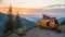 Solitary retro yellow camper van parked on a serene mountain peak at twilight.