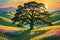 Solitary Reverie: Majestic Oak Tree Standing Alone on a Gently Rolling Hill, Summer Sunset Casting Elongated Shadows