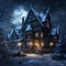 A solitary square-shaped manor house in the heart of a forest in a blizzard of snow at night Light escapes from certain