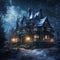 A solitary square-shaped manor house in the heart of a forest in a blizzard of snow at night Light escapes from certain