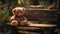 a solitary teddy bear seated on a weathered park table,