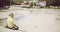 Solitary teenage boy sitting on a longboard