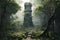 Solitary tower rising above the dense canopy of