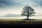 Solitary tree emerges from mist, a majestic figure in open field