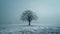 Solitary tree in frosty winter field with backlit snowfall, captured in realistic cold tones