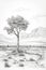 A solitary tree stands in a desert surrounded by mountains. (Generative AI