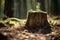 A solitary tree stump rests calmly amidst the dense foliage of a serene forest, Young tree emerging from old tree stump, AI