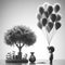 Solitary Whimsy: Monochrome Portrait of a Boy with Floating Balloon