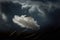 Solitary white fluffy feather floating against a gloomy cloudy sky background