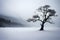 A solitary winter tree reflects on the calm lake, embodying serenity as snow blankets the landscape