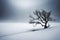 A solitary winter tree reflects on the calm lake, embodying serenity as snow blankets the landscape