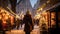 Solitary Woman Exploring Snow-Covered Christmas Market at Dusk with Festive Decorations and Stalls. Generative Ai