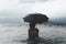 Solitary woman with umbrella waiting for the storm into the sea