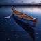 A solitary wooden boat on the calm surface of the lake under the tranquil blue hues of the twilight sky