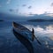 A solitary wooden boat on the calm surface of the lake under the tranquil blue hues of the twilight sky